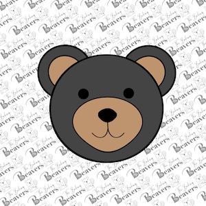 May include: A cartoon illustration of a gray teddy bear with brown ears, nose, and eyes. The bear has a friendly smile.