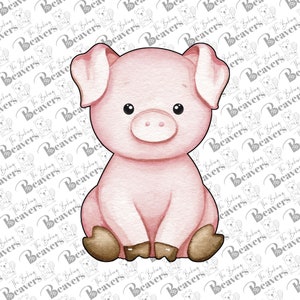 May include: A watercolor illustration of a pink pig sitting with its legs crossed. The pig has a pink snout, small black eyes, and brown hooves.