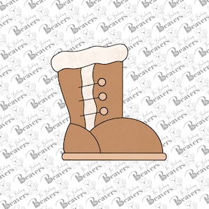 May include: A brown winter boot with a white faux fur cuff and three brown buttons. The boot has a rounded toe and a thick sole.