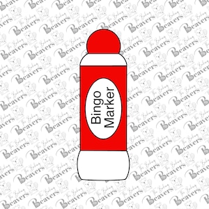 May include: A red bingo marker with a white label that says "Bingo Marker" in black text.