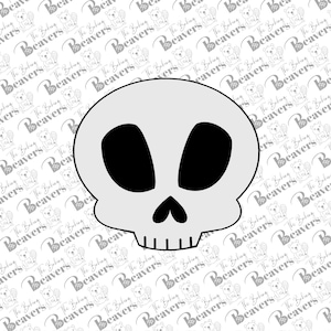May include: A black and white cartoon skull with large eyes. The skull is outlined in black and has a simple design.