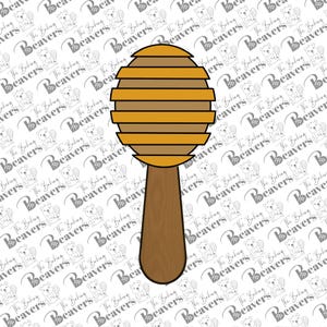 May include: A honey dipper cookie cutter. The cutter features a brown handle and a layered, rounded top in shades of yellow and brown. The background has a repeating pattern of a beaver and the text "The Baking Beavers".