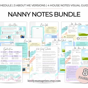 May include: A printable bundle of 8 pages of nanny notes, including a schedule, about me versions, house notes, and visual guides. The pages are decorated with pastel colours and illustrations of clouds, houses, and children.
