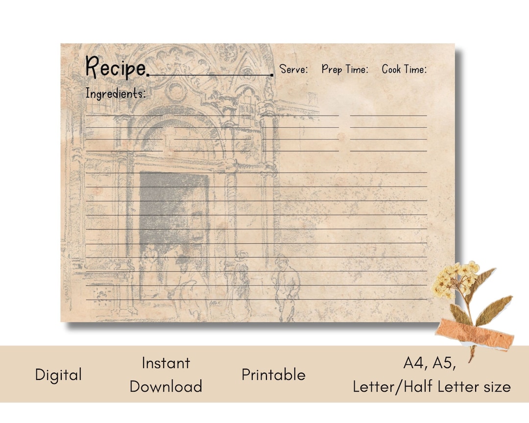 Recipe Page Printable Recipe Template Blank Vintage Style Blank Recipe