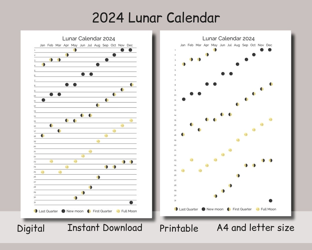 Moon Calendar 2024 Printable Lunar Calendar 2024 Moon Phase Calendar