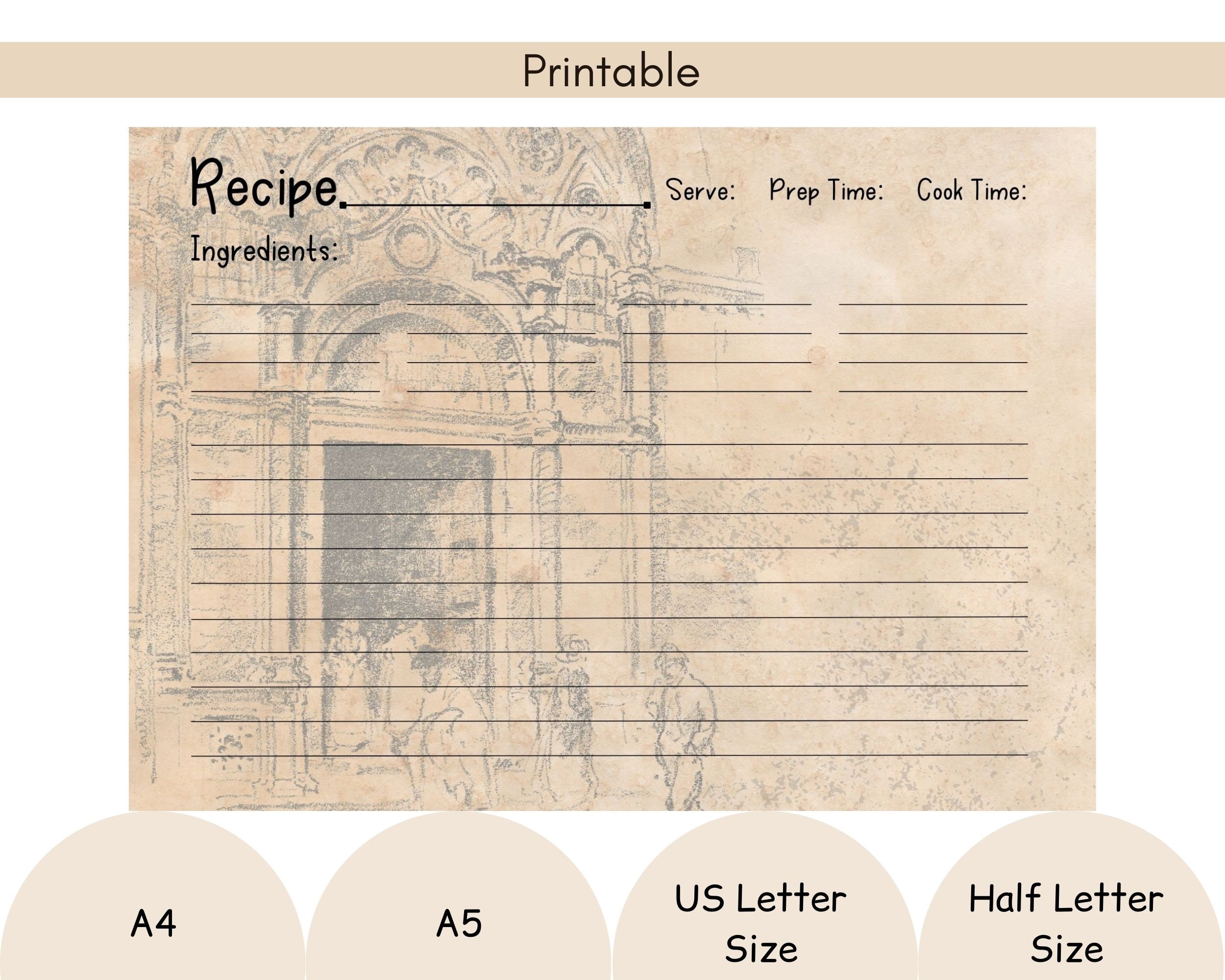 Recipe Page Printable Recipe Template Blank Vintage Style Blank Recipe Journal Printable ...