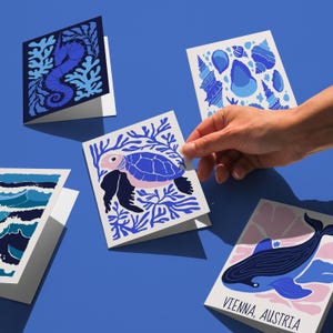 Set of 5 Ocean life Card, Bold Blue Marine Card, Seahorse Turtle Card Set, Whale Digital Cards, Modern Coastal Stationery card, Tropical Set