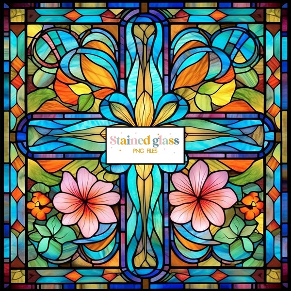Floral Cross Stained Glass PNG Sublimation, Sublimation Designs PNG files, Stained glass Sublimation templates, Wall Art, Mug Sublimation