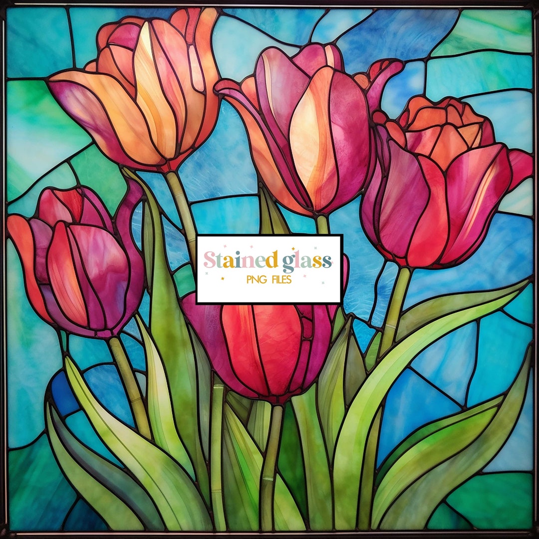 Pink Tulip Stained Glass Sublimation, Floral Stained Glass Pattern