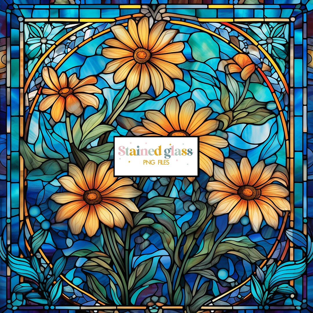 Stained Glass PNG Sublimation, Yellow Flowers Stained Glass Template