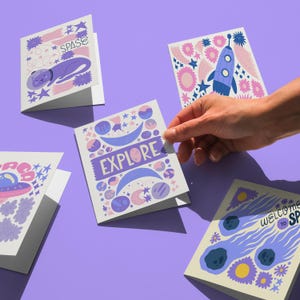 Space Cat Card, Explore Space card set, Galaxy Planet Space Card, Spaceship Printable, Greeting Card, Space Lovers Card Pack,Pink Space Card