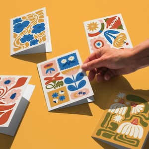 Ensemble de cartes florales vibrantes, carte imprimable d'art abstrait, voeux de 5 fleurs, paquet de cartes Matisse, cartes esthétiques bohèmes, carte de voeux botanique