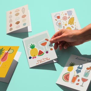 Tropische Früchte-Kartenset, verspielte moderne Karten, Cocktail-Postkarte, druckbare tropische Karten, Sommerferienkarten, Muschelkartenkartenpaket