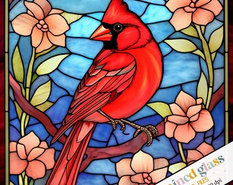 Stained glass Red Cardinal bird sublimation, digital download, Stained Glass Bundle, Cardinal Bird Stain Glass Template, Faux stain glass