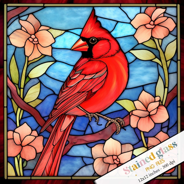 Stained glass Red Cardinal bird sublimation, digital download, Stained Glass Bundle, Cardinal Bird Stain Glass Template, Faux stain glass