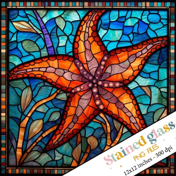 Starfish Stained Glass PNG Design, Stained Glass Pattern, Faux Stained Glass, Sublimation bundle pack, Instant download, starfish template