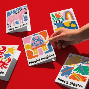 Jeu de cartes joyeux rires, lot de 5 cartes animaux ludiques, cartes de voeux petits miracles, jeu de cartes enfants mignons, cartes animaux colorés, carte tropicale