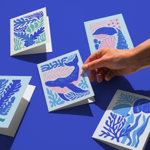 Whimsical Sea Life Cards, Matisse Style Underwater Printable Card, Nautical Themed Bundle, Pack of 5 Marine Postcards, Ocean Creatures Cards