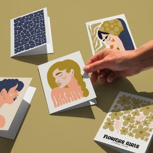 Jeu de cartes de filles fleuries, cartes imprimables design féminin, cartes femme, jeu de cartes abstrait moderne, 5 cartes de voeux bohèmes, cartes esthétiques Matisse