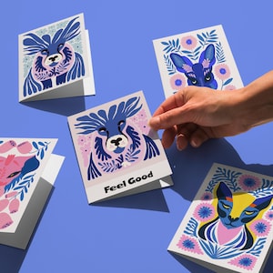 Jeu de 5 cartes créature mystique, fleurs animaux fantaisistes, cartes citation Feel Good, cartes faune abstraite, jeu de cartes animaux Matisse