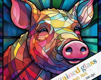 Pig Stained Glass Pattern, Digital Download, 10 Free PNG Bundle, Faux Stain Glass, Mug Print, Tumbler Wrap, Pig Sublimation, Window hangings