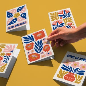 Tarjeta floral contemporánea, 5 tarjetas abstractas coloridas, saludos con diseño único, kit para imprimir en casa, juego de tarjetas florales, postal digital botánica