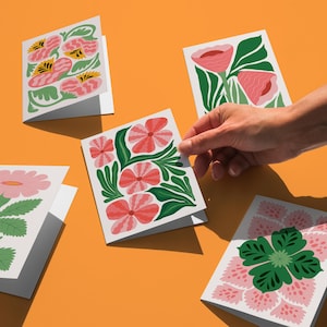 Carte de correspondance florale tropicale du milieu du siècle, jeu de cartes de fleurs vibrantes, notes de remerciement et cadeaux, lot de cartes tropicales, lot de cartes d'été modernes