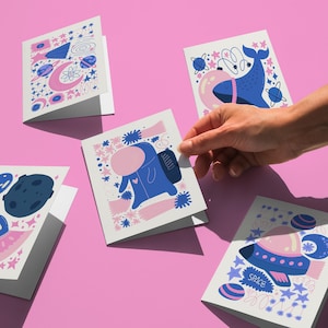 Lot de cartes astronaute mignon, carte baleine spatiale, carte spatiale à imprimer, carte Un monde extraordinaire, cartes spatiales vaisseau extraterrestre planète extraterrestre, amoureux de l'espace