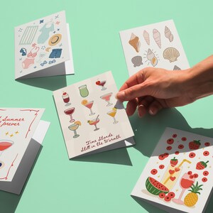 Confezione da 5 biglietti d'auguri tropicali, vivaci biglietti da cocktail da spiaggia, set di biglietti di auguri di frutta per le vacanze, download digitale, set di biglietti di auguri per le vacanze moderne