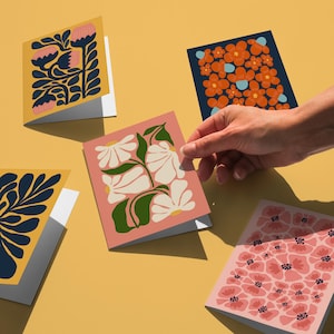 Pacote com 5 cartões florais em branco para todas as ocasiões, designs de cartões coloridos exclusivos de Matisse, cartão de arte popular moderna, saudações botânicas, cartão de notas botânicas