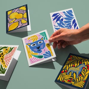 Carte abstraite ludique, 5 cartes imprimables folkloriques modernes, jeu de cartes numériques animaux nature, téléchargement immédiat, carte d'agrumes, lot de cartes de guépard