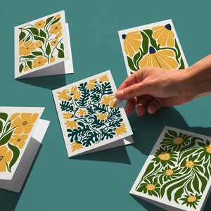Paquete de 5 tarjetas florales amarillas, diseño Matisse, arte popular moderno, saludos botánicos, tarjetas en blanco para cualquier ocasión, tarjeta imprimible digitalmente.