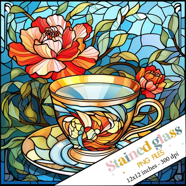 Tea Cup Stained Glass PNG Design, Sublimation download, Tumbler Wrap, Stained Glass Pattern, Mug Stain glass, Stained glass window, Wall Art