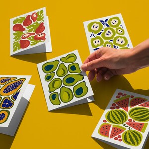 Summer Fruit Blank Note Card Set, Strawberry, Avocado, Watermelon Card Set, Any Occasion Card Set, fruit-themed print card, tropical vibes