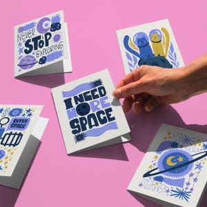 Jeu de cartes de chat de l'espace, n'arrêtez jamais d'explorer les cartes de voeux, paquet de cartes de l'espace, cartes spatiales modernes de la planète galaxie, téléchargement numérique, lot de cartes