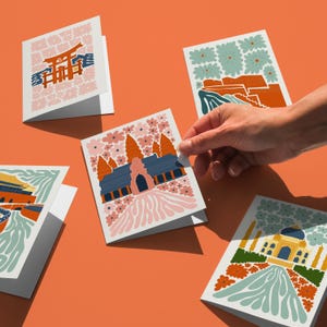 Paquete de 5 tarjetas de viaje en blanco para cualquier ocasión, diseño único y colorido, tarjetas de felicitación de viaje modernas, descarga instantánea, tarjetas de recuerdo de viajes asiáticos.