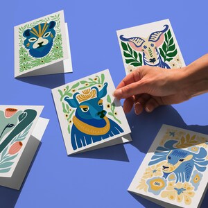 Tarjetas de animales de safari vibrantes, paquete de 5 tarjetas de vida silvestre estilizada, paquete imprimible inspirado en la naturaleza, juego de tarjetas de animales únicos, tarjeta popular moderna