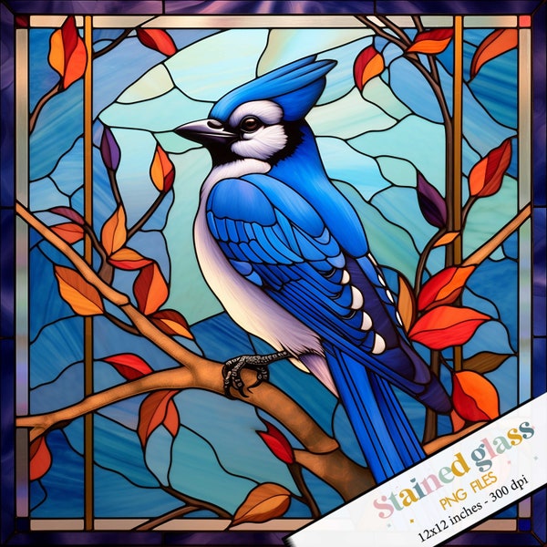 Blue Jay Faux Stained Glass Png Sublimation, Cling Design, Tumbler Sublimation, Blue Jay Bird Square Stained Glass Template,Digital Download