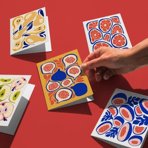 Set di biglietti con frutta astratta moderna, pacchetto di biglietti stampabili, design di biglietti con fichi, pacchetto di biglietti con pere, cartolina con pompelmo, biglietti di cancelleria botanica