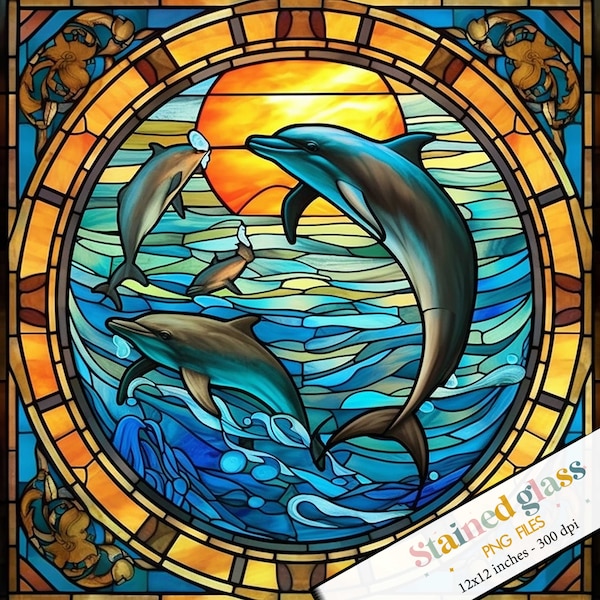 Stained Glass Sublimation, Beach Stained Glass Pattern, Square Stained Glass, Dolphins Stained Glass, Sublimation Bundle, Digital Download