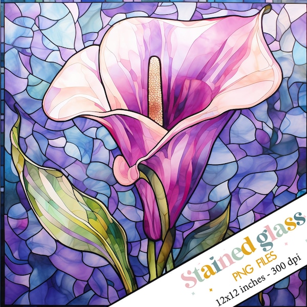 Purple Calla Lily Stained Glass PNG, Instant Download, Faux Stain Glass, Floral Stained Glass, Flower Stained Glass Art Print, Lily Designs
