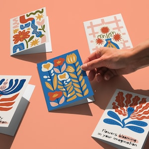 Tarjetas de flores abstractas modernas, 5 tarjetas de felicitación para imprimir en casa, tarjetas botánicas únicas, tarjeta de felicitación de Matisse, postales con ramos de flores