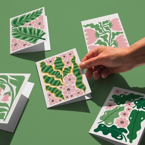 Cartes florales tropicales vibrantes, 5 cartes botaniques modernes imprimables, Cartes postales fleurs roses, Carte floral rose-vert, Cartes de papeterie botanique