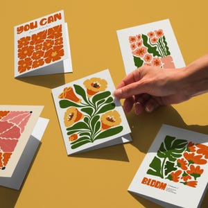 Pacote de cartões Bloom, cartões comemorativos, conjunto de cartões botânicos, cartão postal floral abstrato, cartão em branco floral para todas as ocasiões, cartão com designs coloridos
