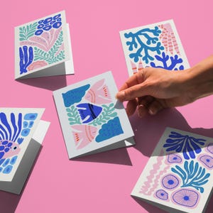 Matisse Style Ocean Card Set, 5 Marine Life Card Bundle, Blue Pink Fish & Coral cards, Digital Download, Whimsical Sea Lover Note Card pack