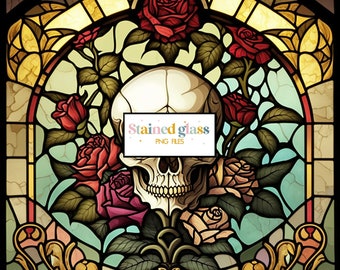 Skull & Roses Stained Glass Sublimation png, tumbler sublimation, t-shirt design, Red Roses Skull Stained Glass Template, Faux Stain glass