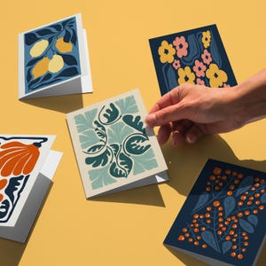 Tarjetas botánicas únicas, juego de 5 tarjetas abstractas de flores de limón, paquete con diseño de frutas, paquete de tarjetas de papelería, juego de tarjetas Bloom, paquete de tarjetas de cítricos