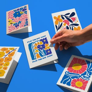 Set van 5 bloemenkaarten, afdrukbaar kaartenpakket, direct download, wenskaart in Matisse-stijl, unieke tropische designbundel, botanische kaarten