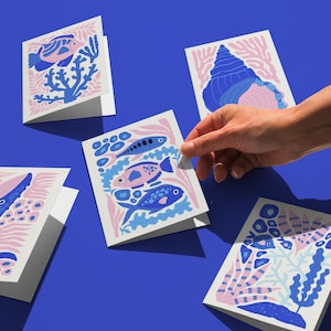 Jeu de cartes poisson coquillage, lot de cartes sur le thème de l'océan, mots de remerciement imprimables, cartes vie marine, carte imprimable baleine, jeu de cartes littoral