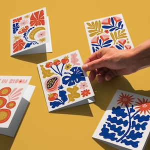 Juego de tarjetas con arte abstracto vívido, 5 imprimibles florales digitales, tarjetas de felicitación botánicas, paquete de tarjetas con flores de primavera, tarjetas para cualquier ocasión, tarjeta bohemia.